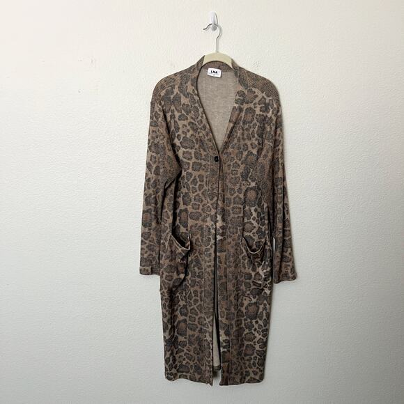 [LNA] Brown Leopard Print Kurt Longline Ribbed Knit Duster Cardigan Size Large L - Picture 2 of 12